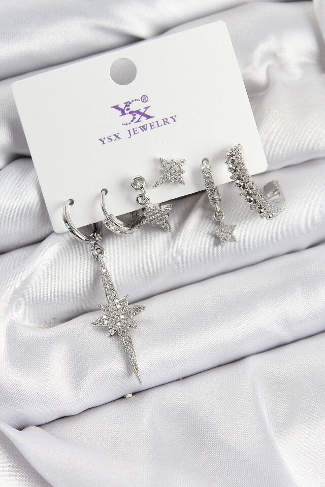 Pirinç Zİrkon Taşlı Kutup Yıldızı Model Gümüş Renk 3'lü Çift Kadın Küpe