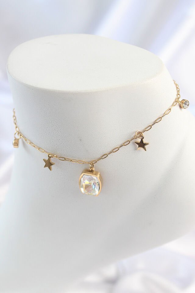 316L Çelik Gold Renk Sallantı Kare Zirkon Taş Figür Yıldız Detay Kadın Halhal