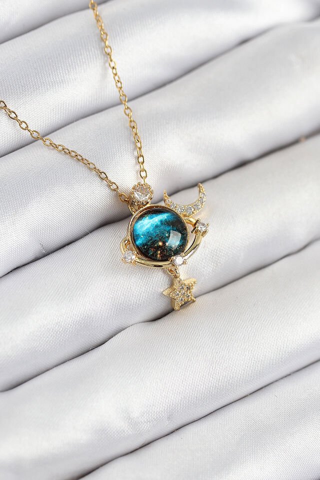 316L Çelik Zirkon Taşlı Gezegen Model Gold Renk Kadın Kolye