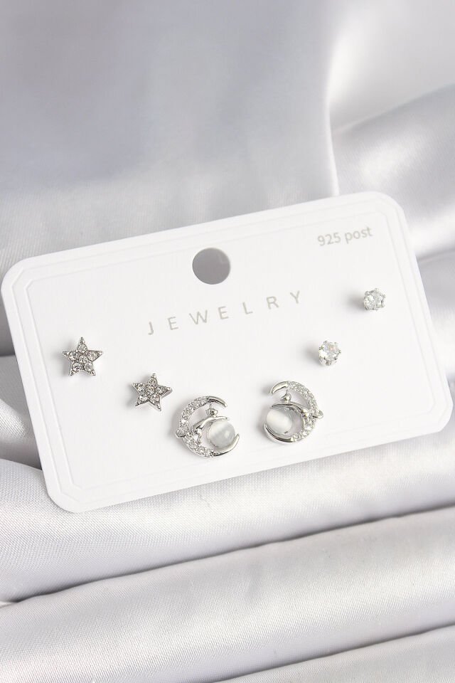 925 Ayar Gümüş Çivi Zirkon Taşlı Hilal Yıldız Model Kadın Küpe Seti