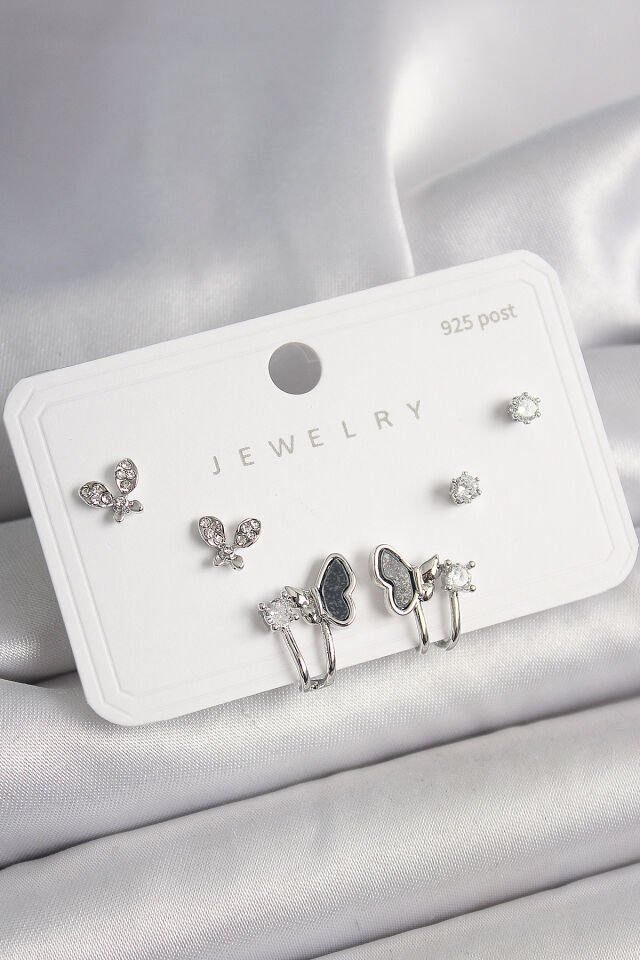 925 Ayar Gümüş Çivi Pirinç Gümüş Renk Zirkon Taşlı Kelebek Model Kadın Küpe Seti