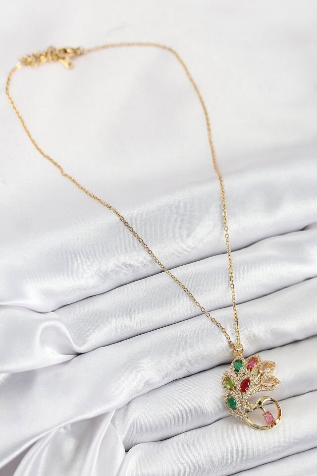 316L Çelik Zirkon Taşlı Tavus Kuşu Model Gold Renk Kadın Kolye