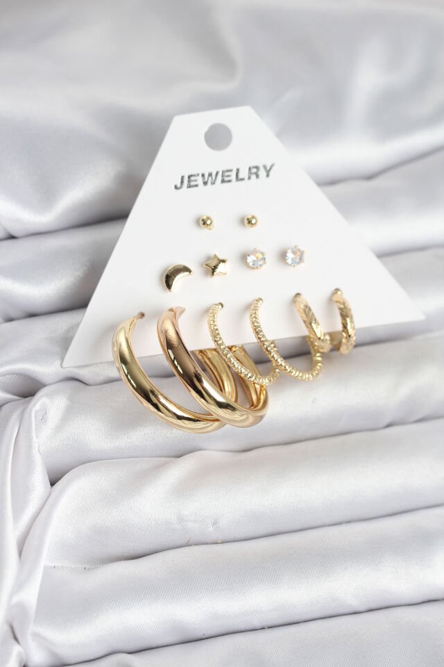 Gold Renk 6 Çiftli Pirinç Kadın Küpe Seti