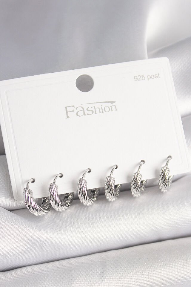 925 Ayar Gümüş Çivi Pirinç Gümüş Renk İşlemeli Halka Model Kadın Küpe Seti