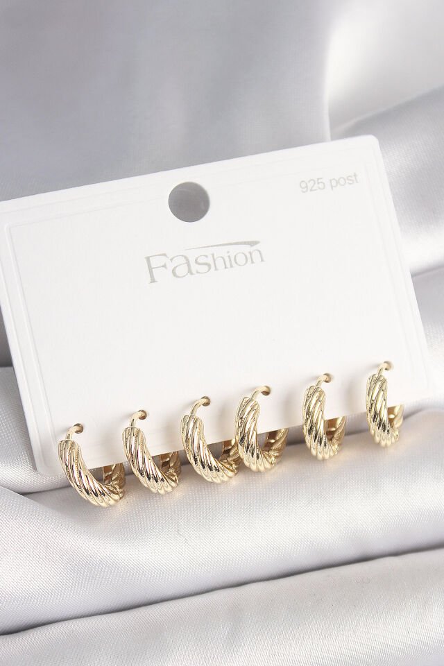 925 Ayar Gümüş Çivi Pirinç Gold Renk İşlemeli Halka Model Kadın Küpe Seti