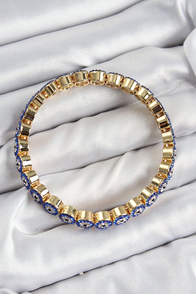 Pirinç Zirkon Taşlı Lacivert Nazar Model Gold Renk Lastikli Kadın Bileklik