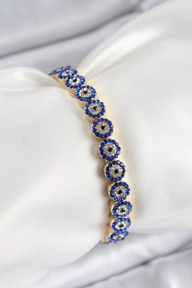 Pirinç Zirkon Taşlı Lacivert Nazar Model Gold Renk Lastikli Kadın Bileklik