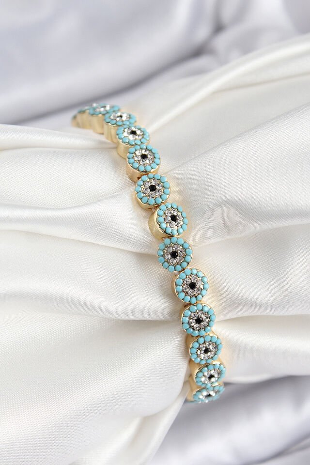 Pirinç Zirkon Taşlı Turkuaz Nazar Model Gold Renk Lastikli Kadın Bileklik