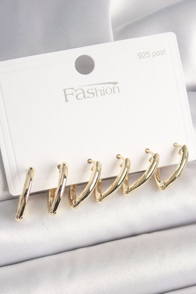 925 Ayar Gümüş Çivi Pirinç Gold Renk Üçgen Model Kadın Küpe Seti