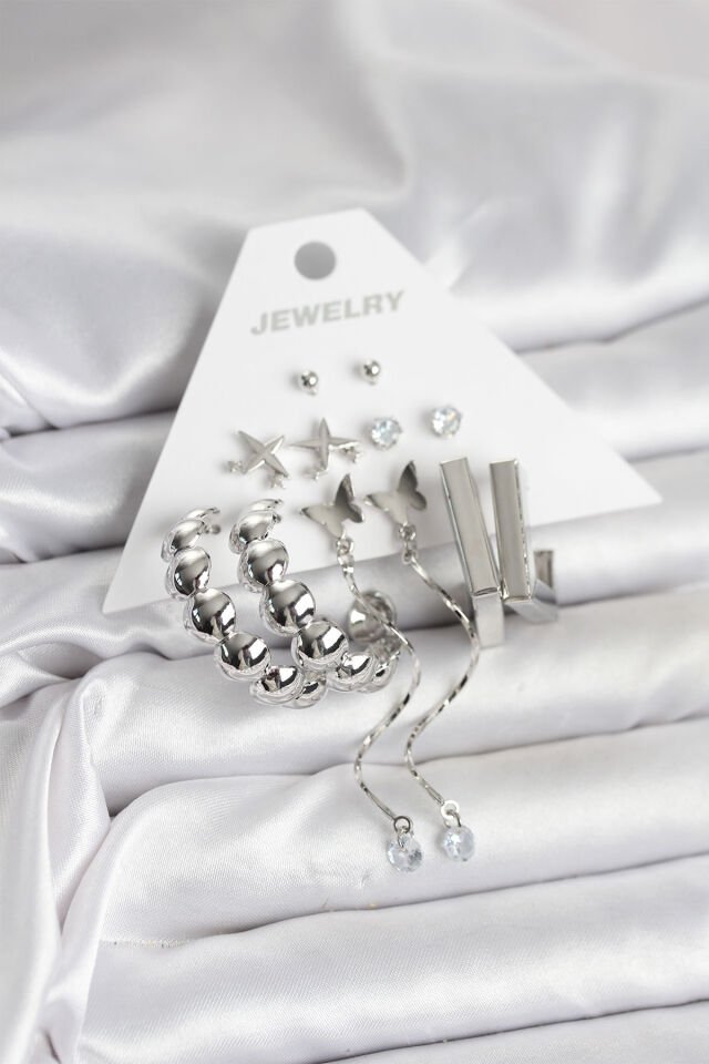 Gümüş Renk Pirinç 6'lı Kadın Küpe Seti