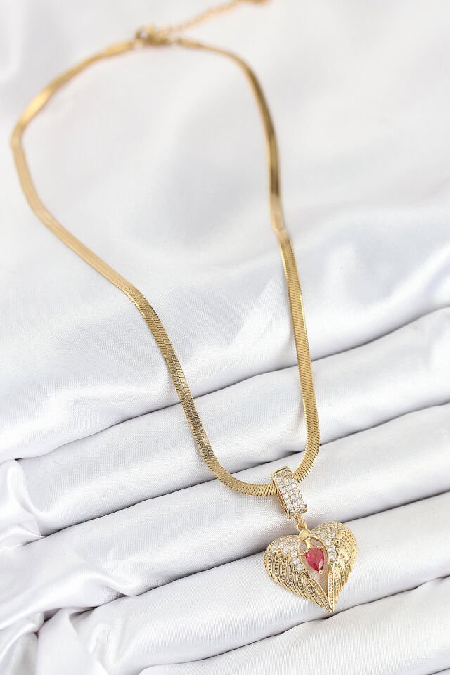 316L Çelik Zirkon Taşlı Kanatlı Kalp Model Gold Renk Kadın Kolye