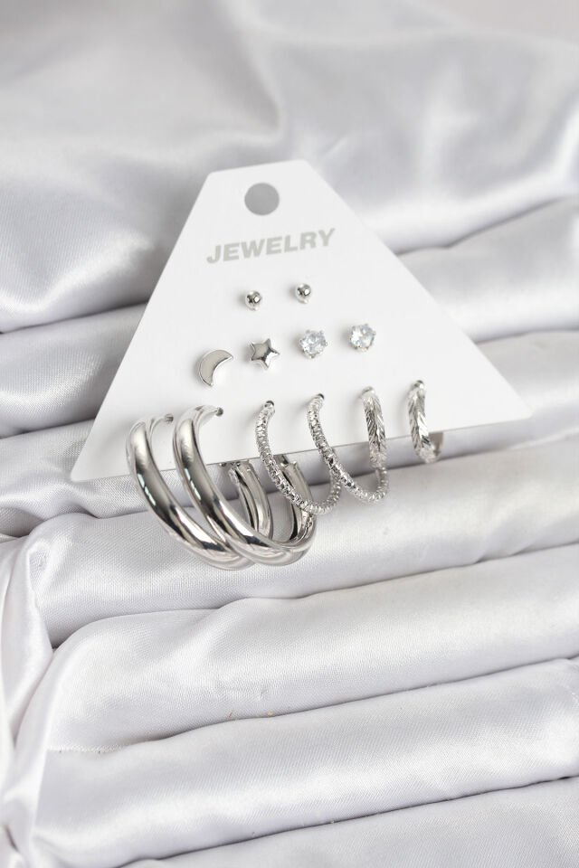 Pirinç Gümüş Renk Halka Modelli 6 Çift Kadın Küpe