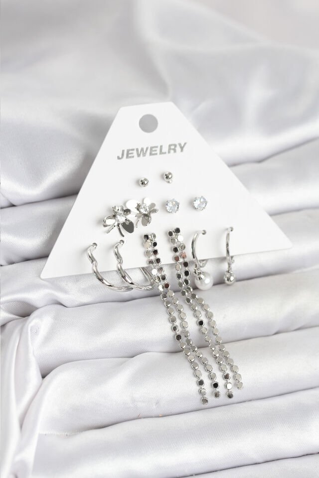 Pirinç Gümüş Renk 6 Çift Kadın Küpe