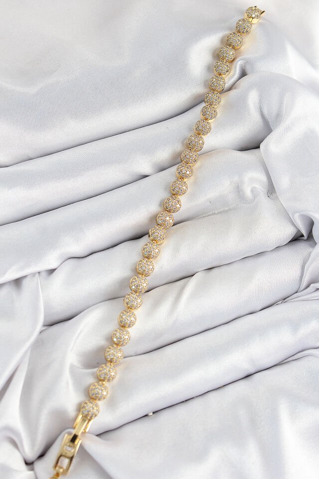 Pirinç Zirkon Taşlı Yarım Topcuk Model Gold Renk VIP Seri Kadın Bileklik