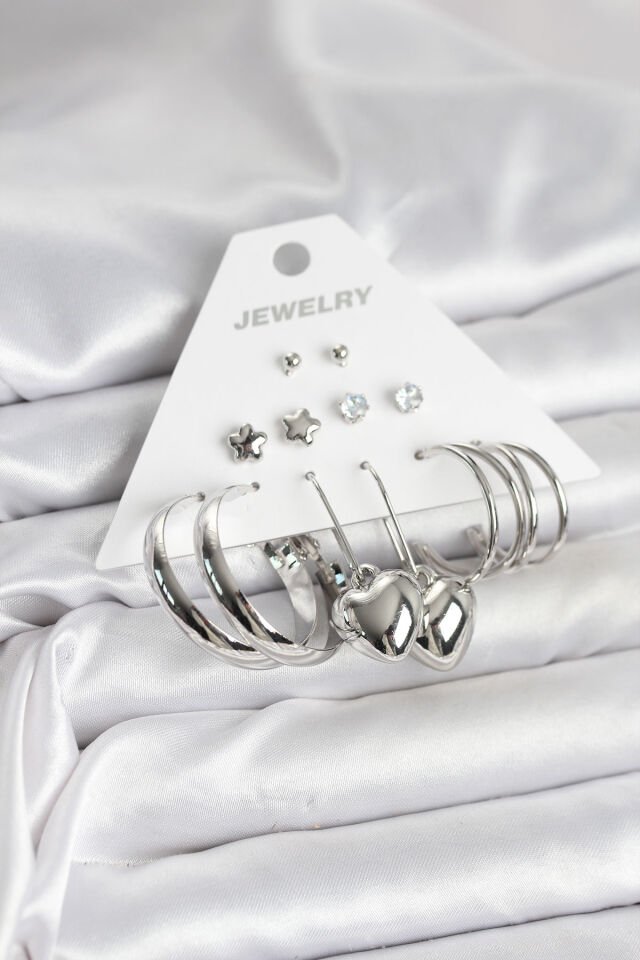 Pirinç Gümüş Renk 6 Çift Kadın Küpe Seti