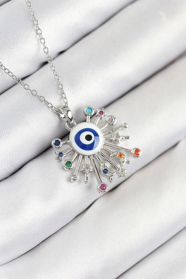316L Çelik Zirkon Taşlı Nazar Model Gümüş Renk Kadın Kolye