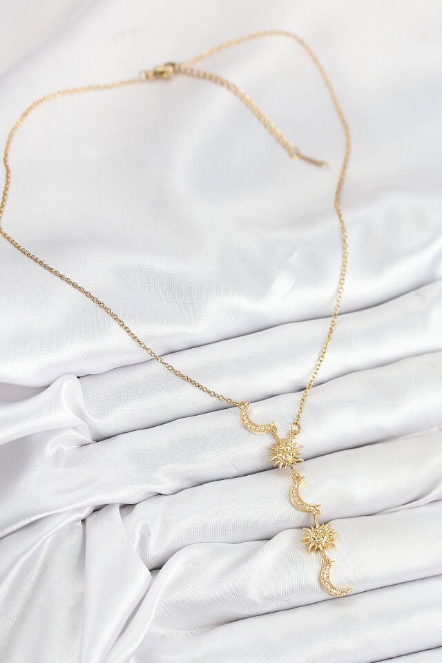 316L Çelik Zirkon Taşlı Güneş Ve Ay Model Gold Renk Kadın Kolye