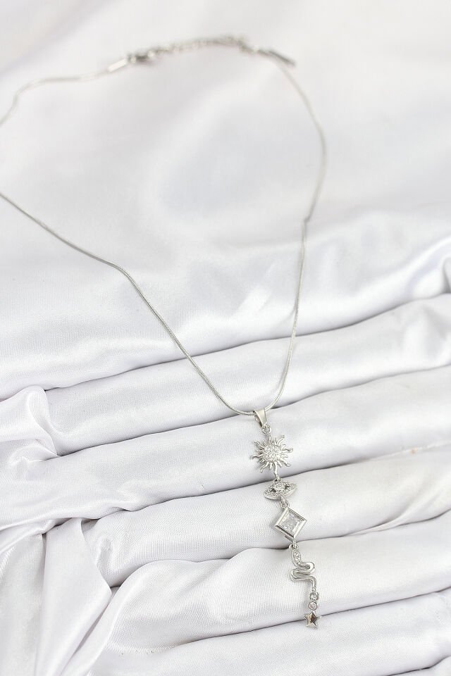 316L Çelik Zirkon Taşlı Güneş Ve Ay Enerji Model Gümüş Renk Kadın Kolye