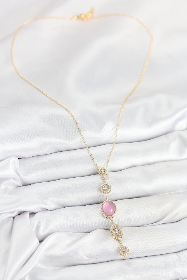 Pirinç Zincir Pembe Gold Renk Zirkon Taşlı Y Kolye