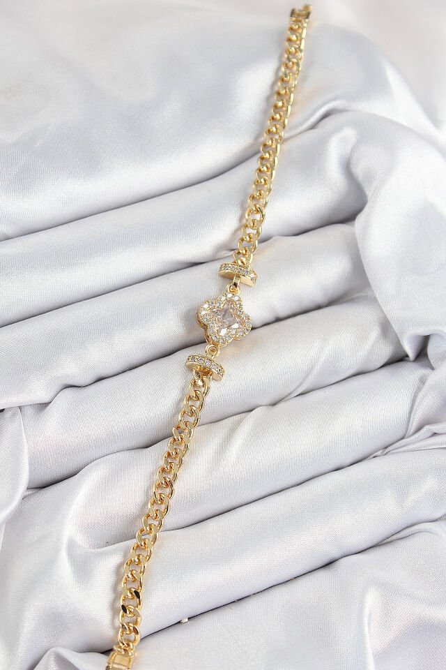 Pirinç Zirkon Taşlı Yonca Model Gold Renk Kadın Bileklik