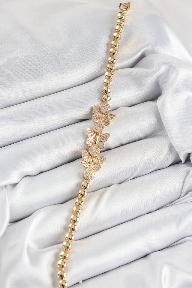 Pirinç Zirkon Taşlı Kelebek Model Gold Renk Kadın Bileklik