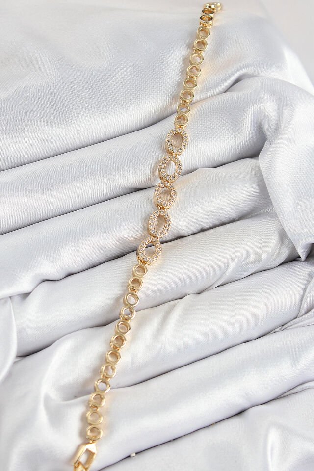 Pirinç Zirkon Taşlı Oval Model Gold Renk Kadın Bileklik