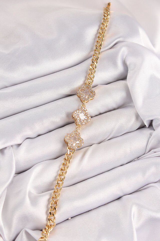 Pirinç Zirkon Taşlı Yonca Model Gold Renk Kadın Bileklik