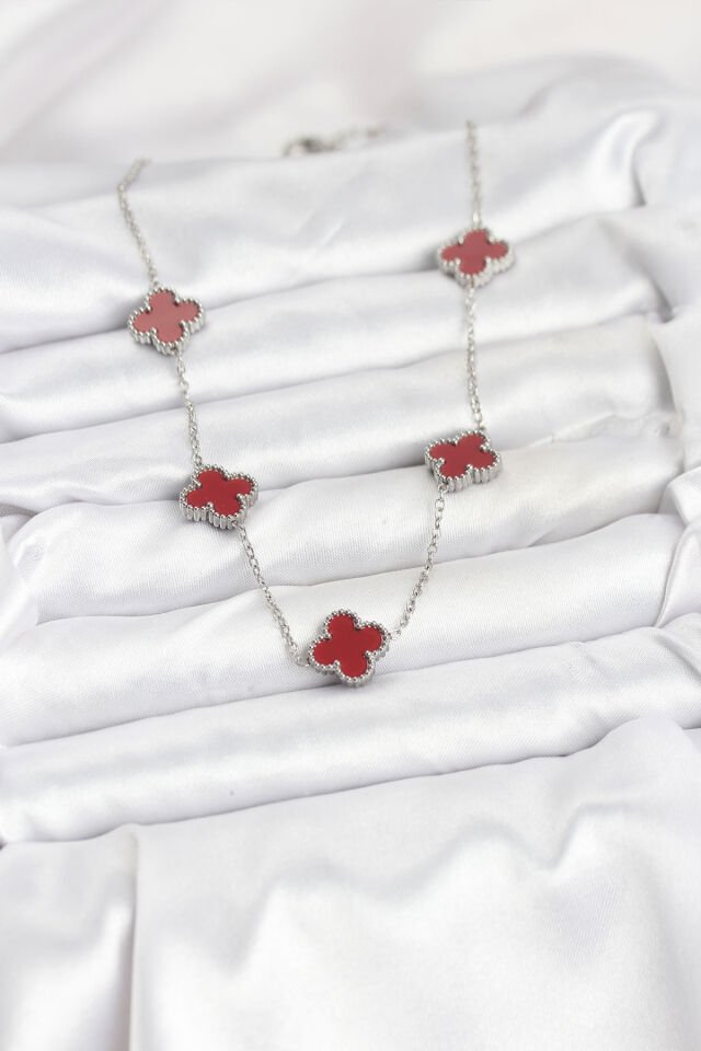 316L Çelik Zincir Gümüş Renk Bordo Renk Yonca Kadın Kolye