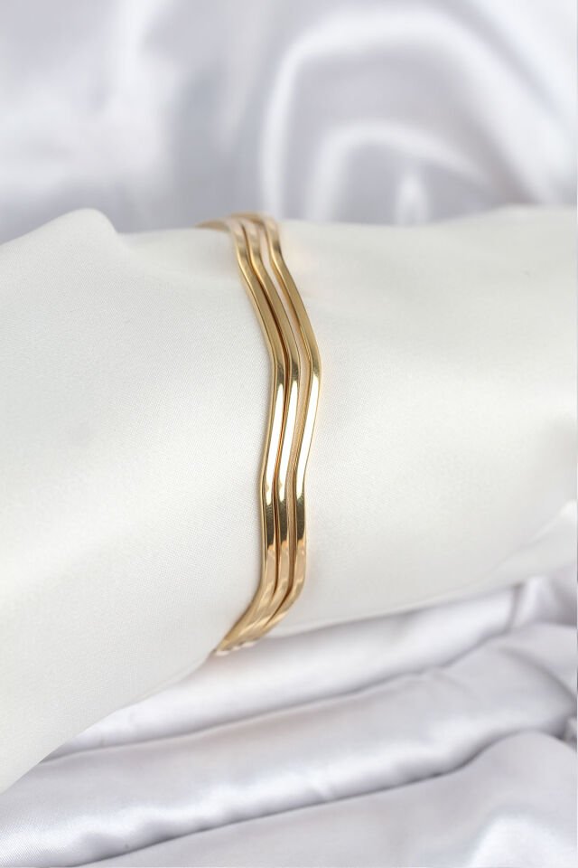 316L Çelik Gold Renk 65 mm Ajda Zikzak Model 3lü Kadın Bileklik