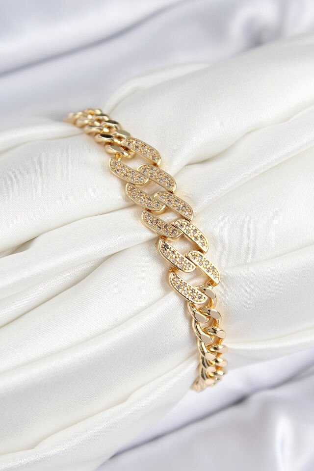 Pirinç Zirkon Taşlı Ezme Küba Zincir Model Gold Renk Kadın Bileklik