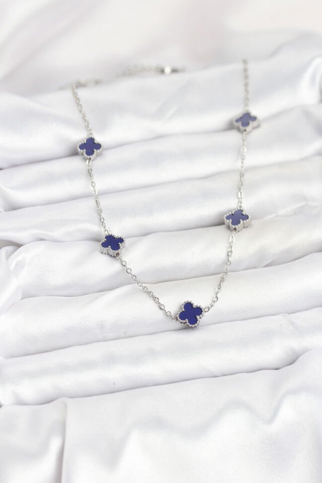 316L Çelik Zincir Gümüş Renk Lacivert Baby Boy Yonca Kadın Kolye