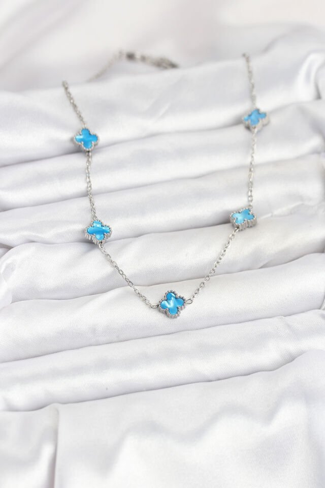 316L Çelik Zincir Gümüş Renk Buz Mavisi Baby Boy Yonca Kadın Kolye