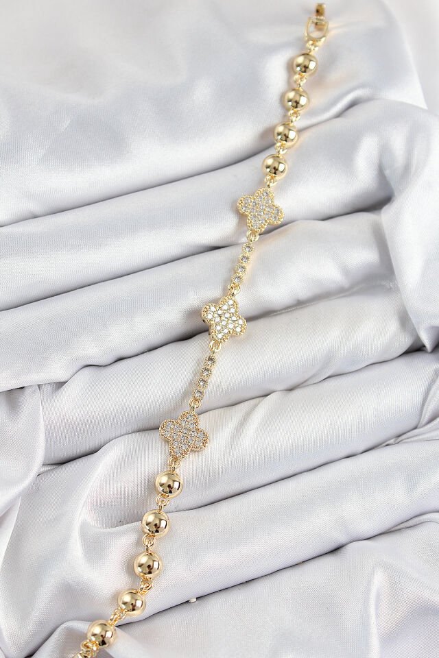 Pirinç Zirkon Taşlı Yonca Model Gold Renk Kadın Bileklik