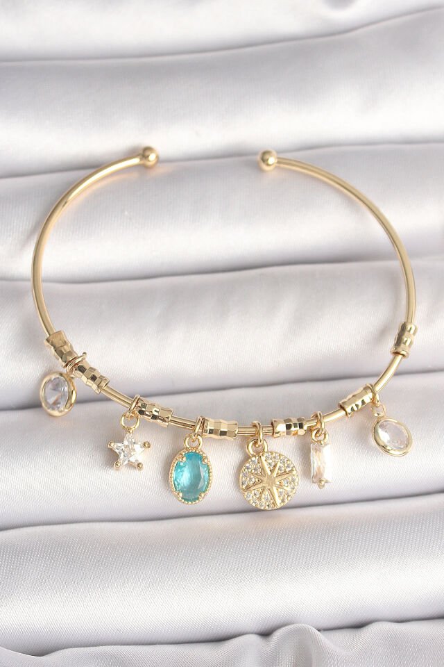 Pirinç Gold Renk Sallantı Zirkon Taş Detaylı Pusula Figür Charm Kadın Bileklik