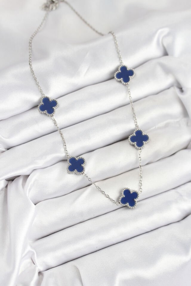 316L Çelik Zincir Gümüş Lacivert Renk Yonca Kadın Kolye