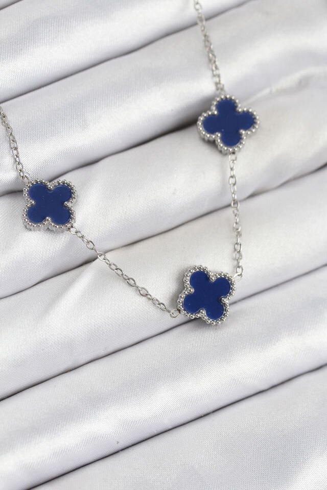 316L Çelik Zincir Gümüş Lacivert Renk Yonca Kadın Kolye