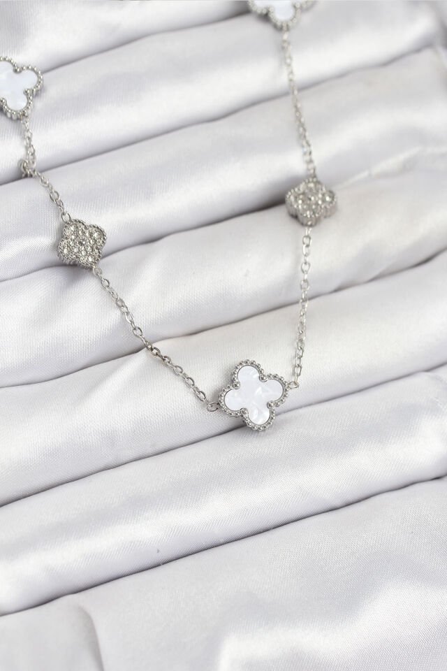 316L Çelik Zincir Gümüş Renk Beyaz ve Zirkon Taşlı Yonca Kadın Kolye