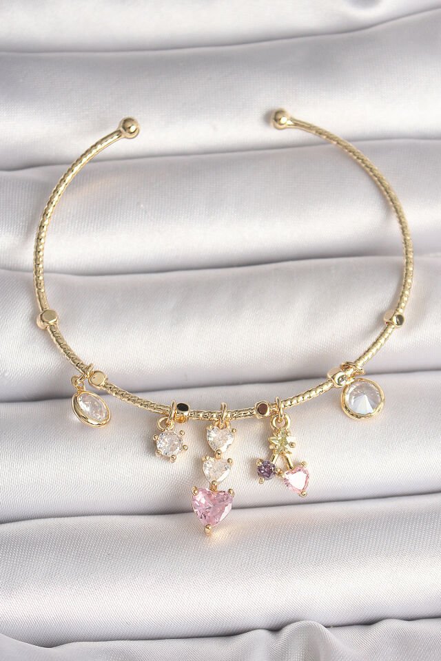 Pirinç Gold Renk Sallantı Zirkon Taşlı Kalp Figür Pembe Kalp Detay Charm Kadın Bileklik