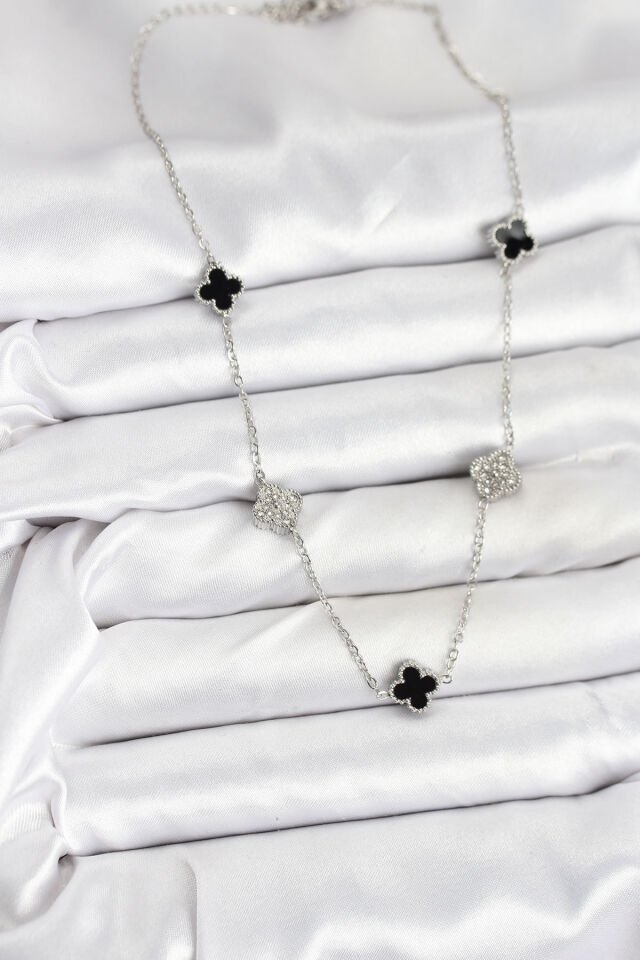 316L Çelik Zincir Gümüş Renk Siyah ve Zirkon Taşlı Baby Boy Yonca Kadın Kolye