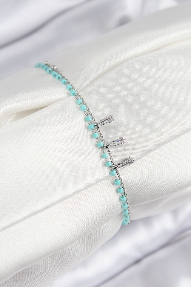 Pirinç Zirkon Taşlı Mavi Boncuklu Model Gümüş Renk Kadın Bileklik