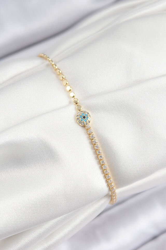 Pirinç Zirkon Taşlı Nazar Model Ezme Zincir Gold Renk Kadın Bileklik