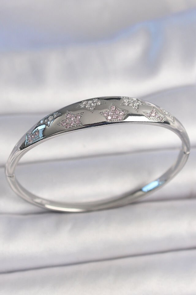 Pirinç Gümüş Renk Zirkon Taşlı Yıldız İşlemeli Kadın Kelepçe