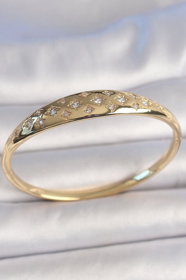 Pirinç Gold Renk Zirkon Taşlı Yıldız İşlemeli Kadın Kelepçe