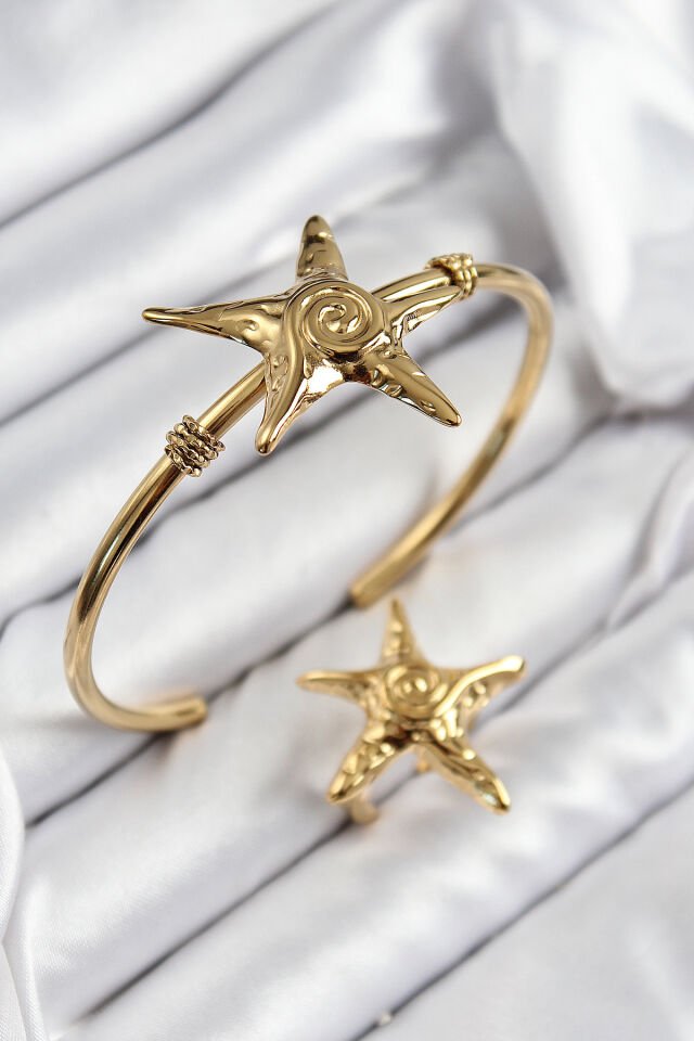 Pirinç Deniz Yıldızı Model Gold Renk Bileklik Yüzük Set