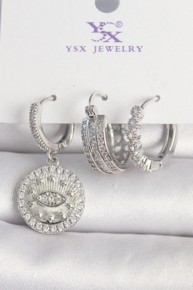 Pirinç Gümüş Renk Zirkon Taşlı Göz İşlemeli Halka Model 3'Lü Kadın Kombin Küpe