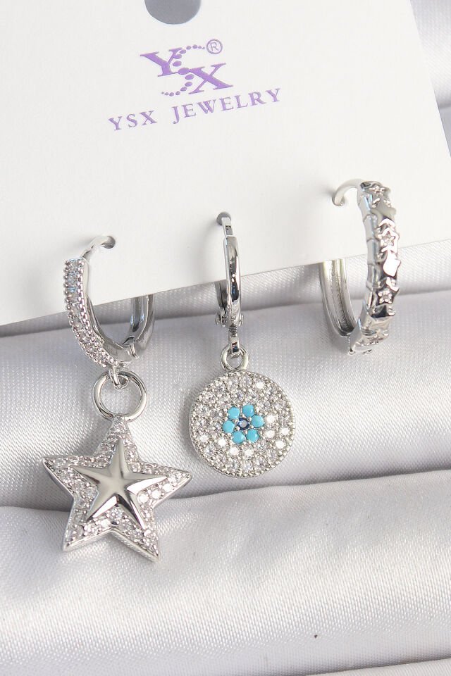 Pirinç Gold Renk Zirkon Taşlı Yıldız Model Nazar Boncuk Detay 3'Lü Kadın Kombin Küpe