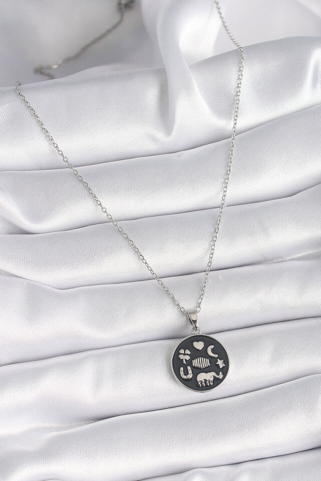 316L Çelik Gümüş Renk Siyah Renk Şans Kolyesi