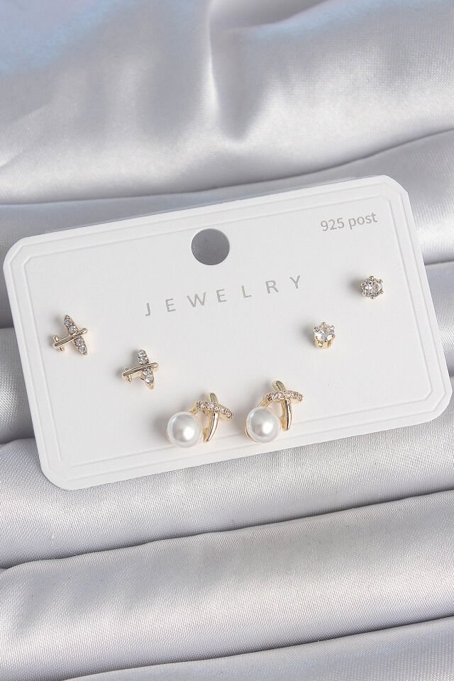 Pirinç Gold Renk Zirkon Taşlı Kelebek Model İnci Detay 925 Ayar Gümüş Çivi Kadın Küpe Seti