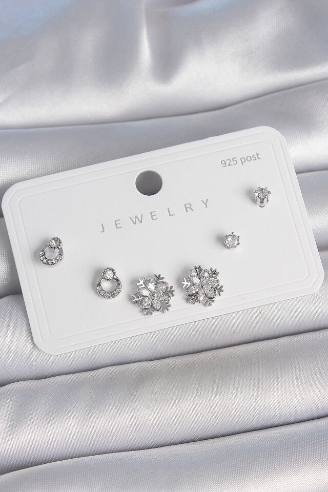 Pirinç Gümüş Renk Zirkon Taşlı Kar Tanesi Model 925 Ayar Gümüş Çivi Kadın Küpe Seti