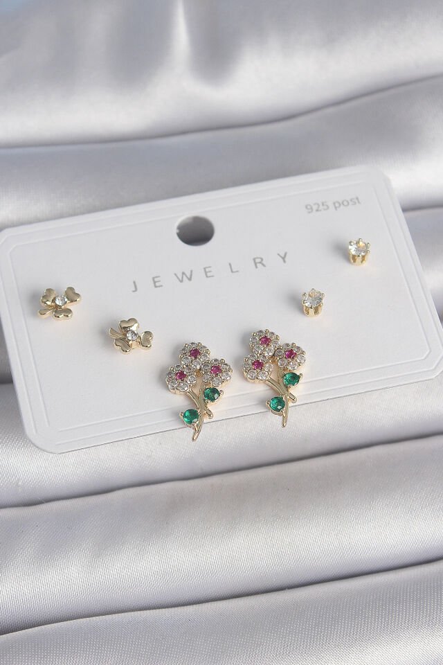 Pirinç Gold Renk Renkli Zirkon Taşlı Çiçek Model Yaprak Detay 925 Ayar Gümüş Çivi Kadın Küpe Seti